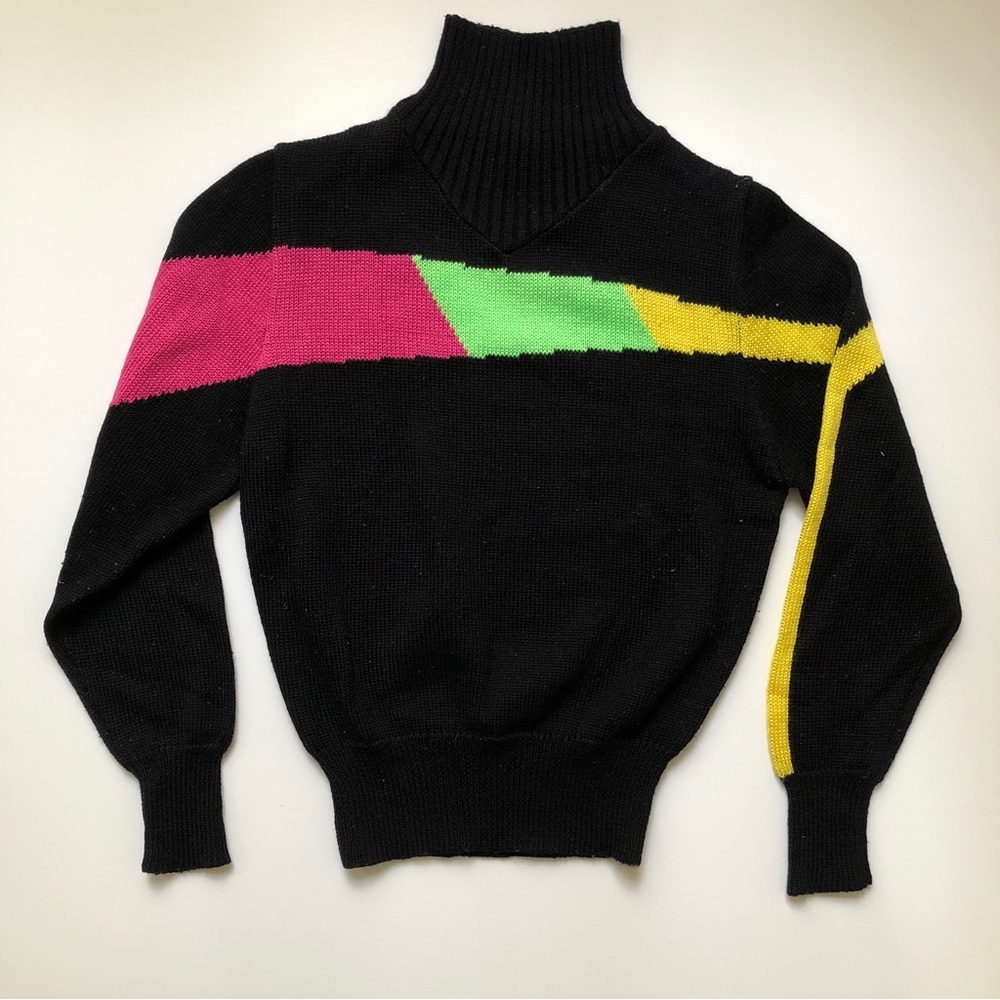 Vintage 80s Obermyer Machine Knit Neon Turtle Neck Sweater Womens Small